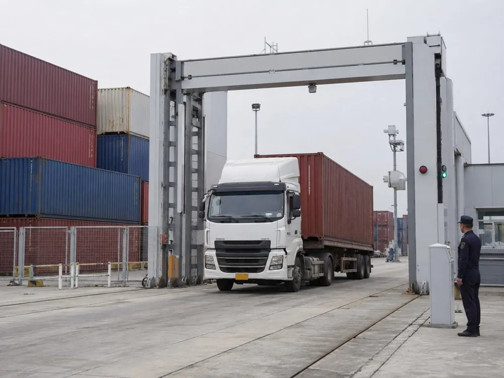 Xe container qua máy soi tại cổng cảng