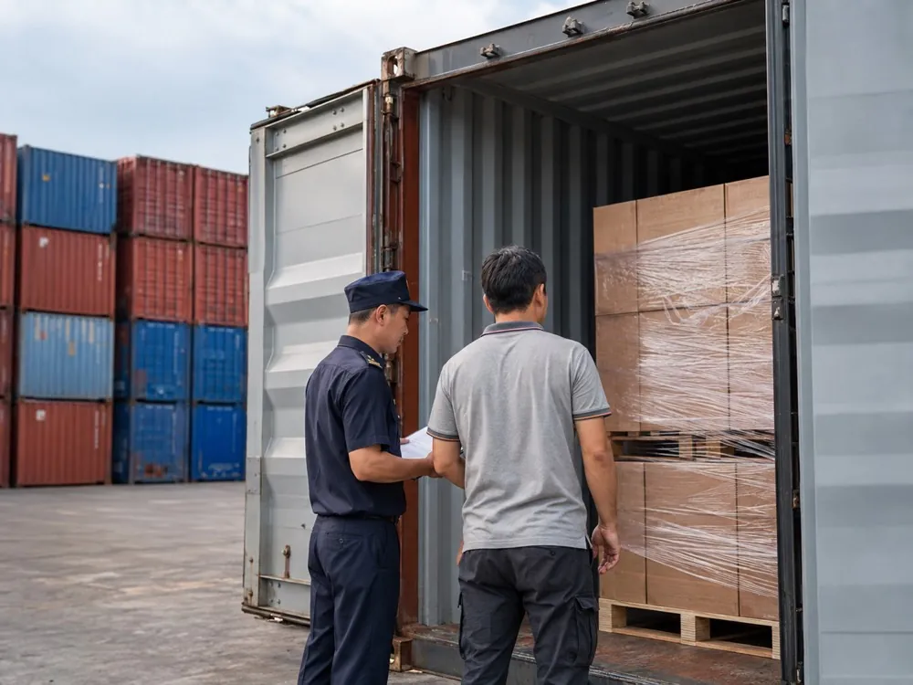 Nhân viên giao nhận và công chức hải quan đối chiếu chứng từ tại cửa container ở bãi