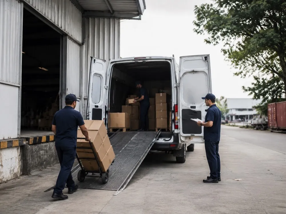Xe tải lùi vào bến xếp hàng của nhà máy