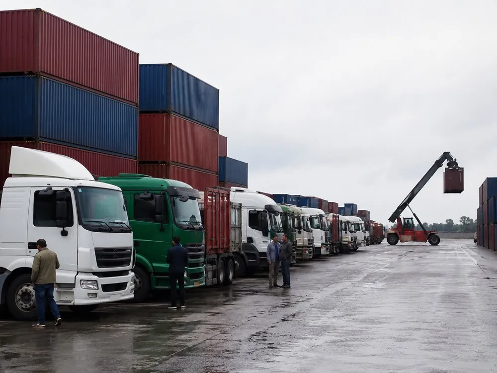 Đoàn xe đầu kéo chờ nhận container trong bãi