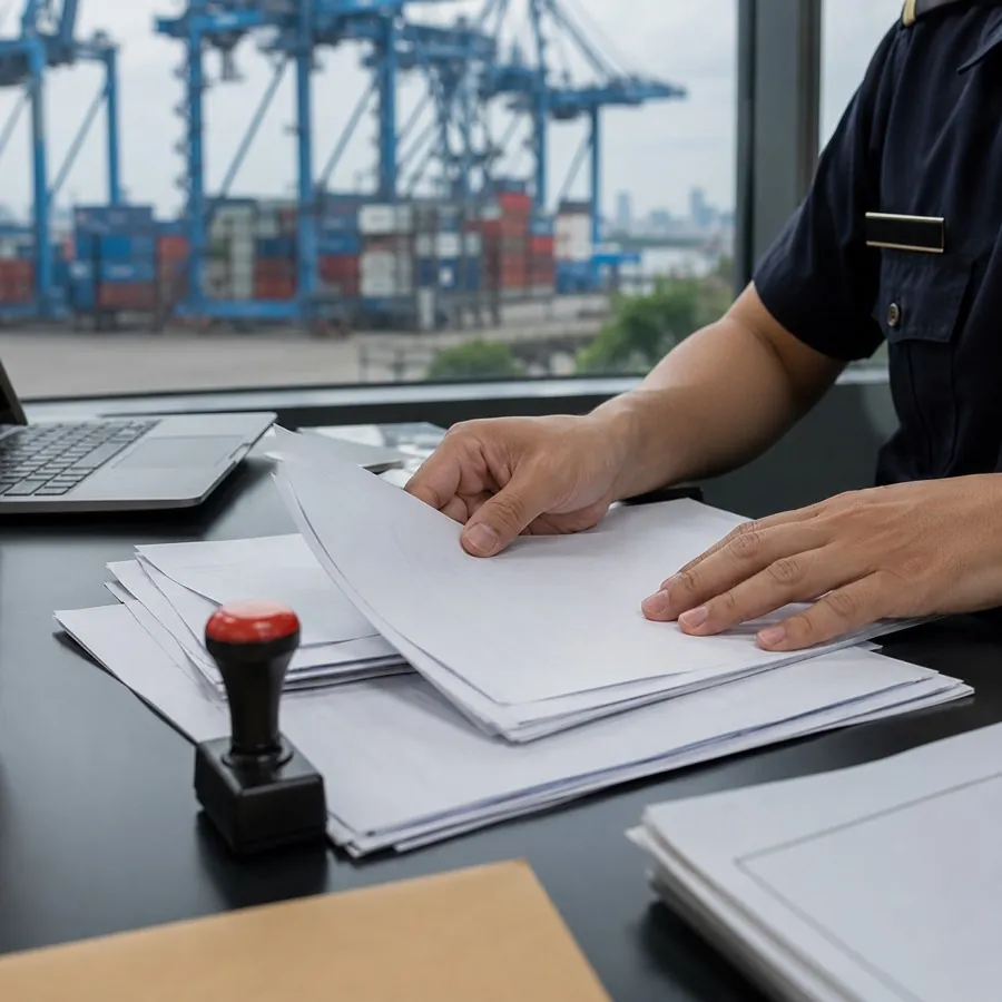 Cán bộ kiểm tra bộ chứng từ và con dấu tại bàn làm việc nhìn ra cảng