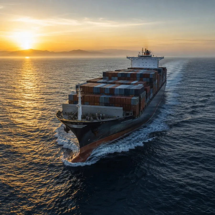 Tàu container chạy trên biển lúc hoàng hôn